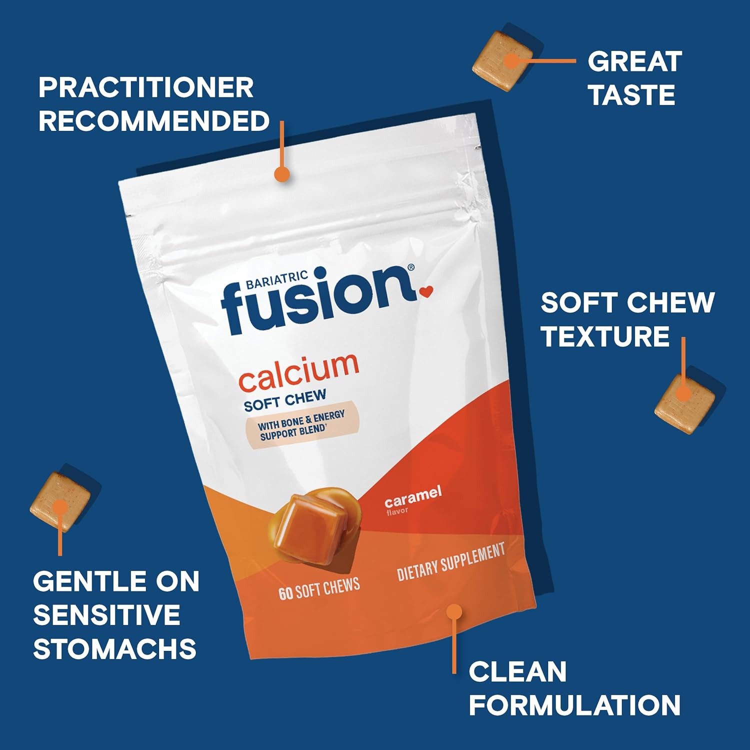 Bariatric Fusion Calcium Citrate Chews with Vitamin D3 - 500mg Sugar-Free Chewables, Caramel Flavor - 60 Count