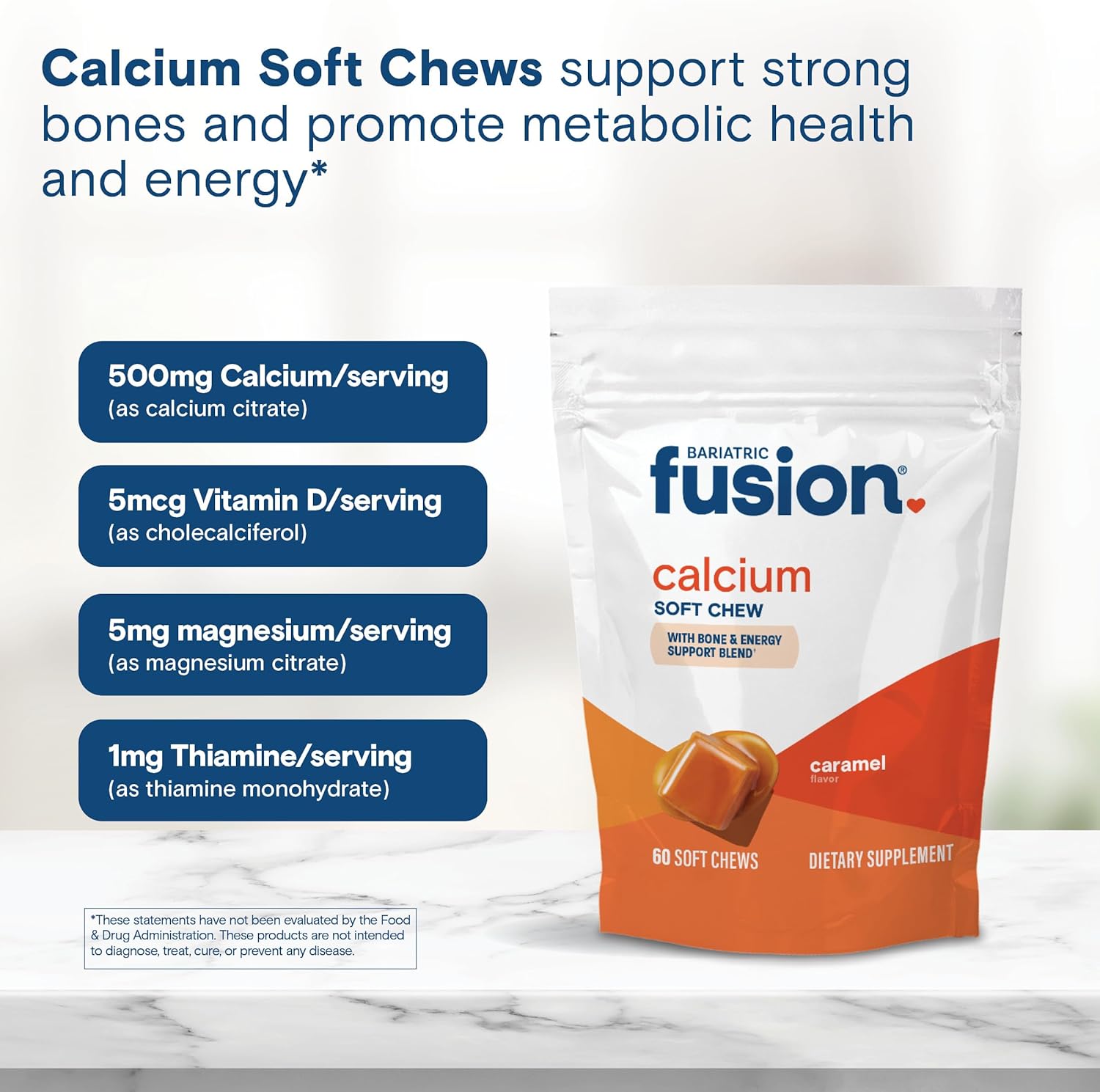Bariatric Fusion Calcium Citrate Chews with Vitamin D3 - 500mg Sugar-Free Chewables, Caramel Flavor - 60 Count