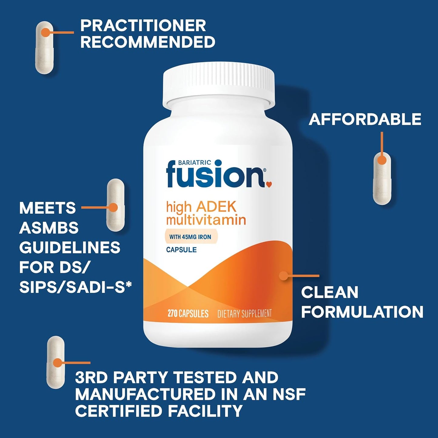 Bariatric Fusion High ADEK Multivitamin Capsules for Duodenal Switch Surgery Patients - Iron & Easy to Swallow - 1 Year Supply