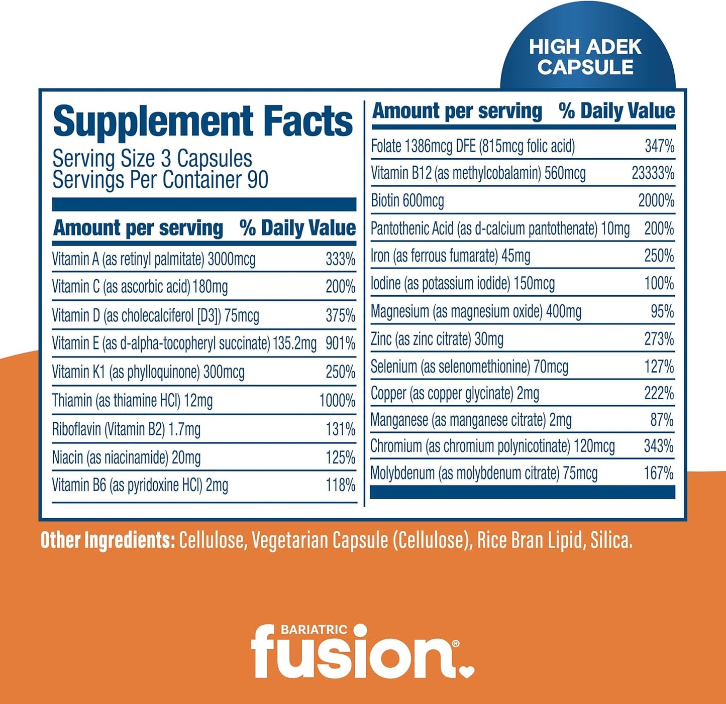 Bariatric Fusion High ADEK Multivitamin Capsules for Duodenal Switch Surgery Patients - Iron & Easy to Swallow - 1 Year Supply