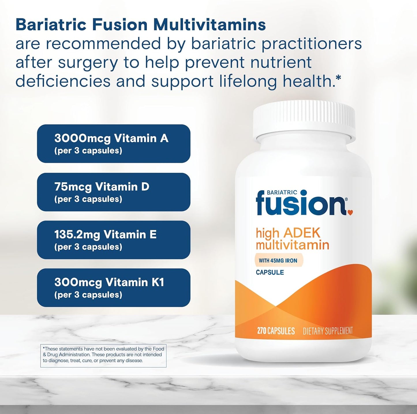 Bariatric Fusion High ADEK Multivitamin Capsules for Duodenal Switch Surgery Patients - Iron & Easy to Swallow - 1 Year Supply