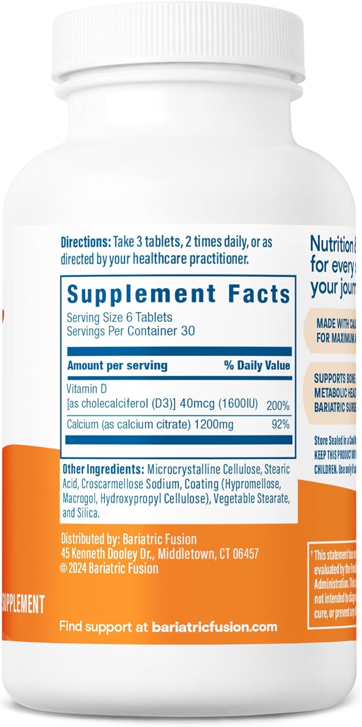 Bariatric Fusion Non-Chewable Calcium Citrate Tablets with Vitamin D3 - 600mg, 180 Count - Easy-to-Swallow Supplement for Enhanced Absorption