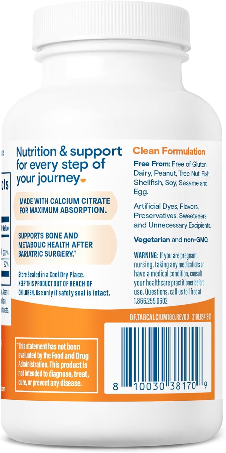 Bariatric Fusion Non-Chewable Calcium Citrate Tablets with Vitamin D3 - 600mg, 180 Count - Easy-to-Swallow Supplement for Enhanced Absorption