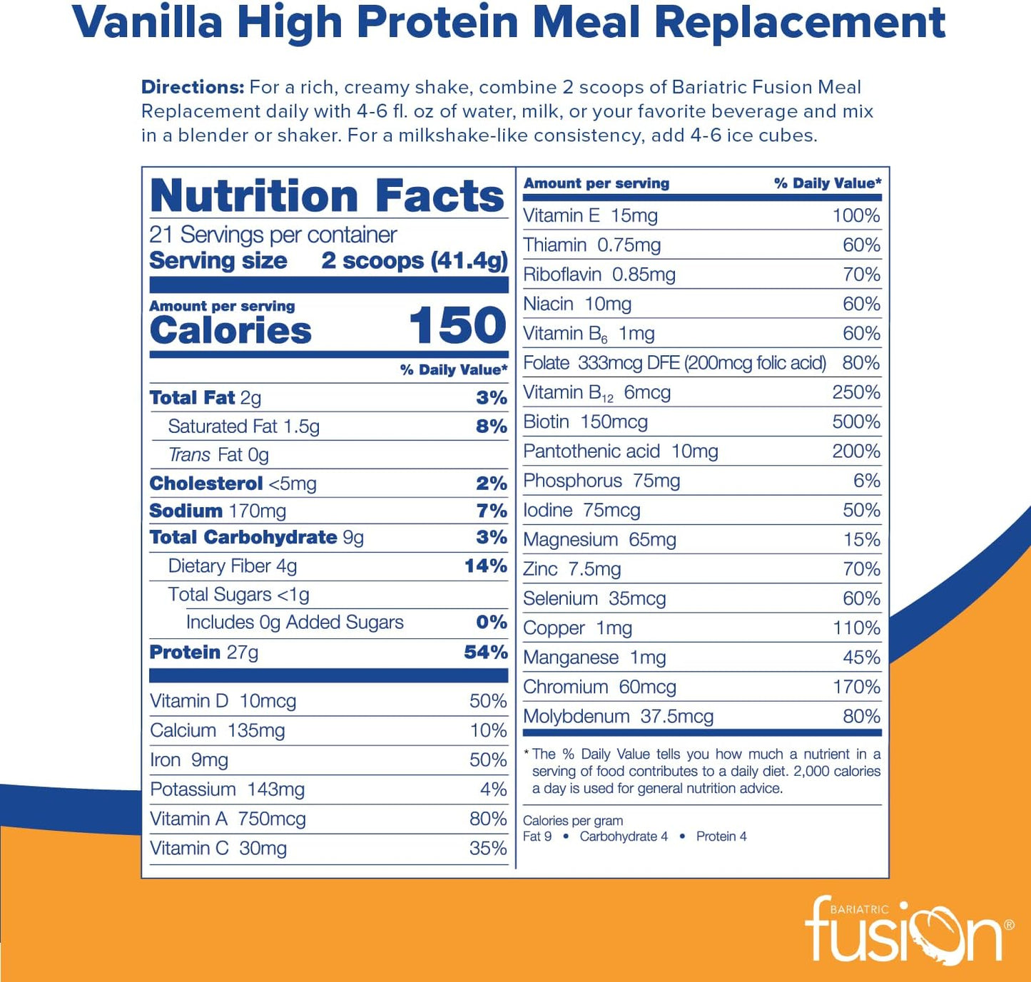 Bariatric Fusion Vanilla Whey Isolate Meal Replacement Shake - 27g Protein Powder - Lactose Free - Gluten & Sugar Free - 21 Servings