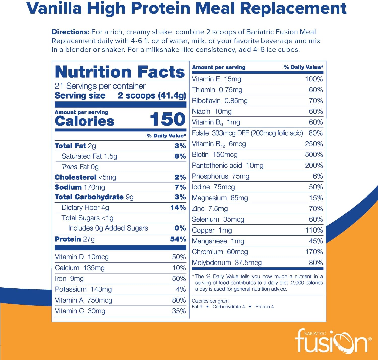 Bariatric Fusion Vanilla Whey Isolate Meal Replacement Shake - 27g Protein Powder - Lactose Free - Gluten & Sugar Free - 21 Servings