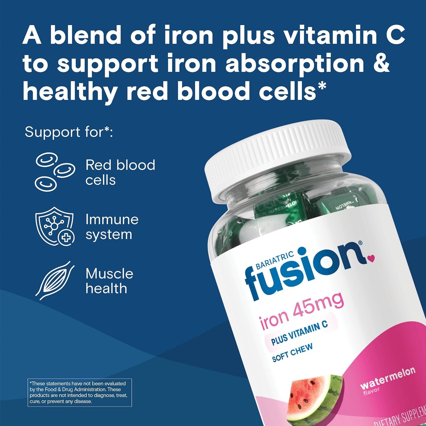 Bariatric Fusion Women's Iron Supplement with Vitamin C - Watermelon Flavored Soft Chews - Gentle on Stomach - 60 Count - 2 Month Supply