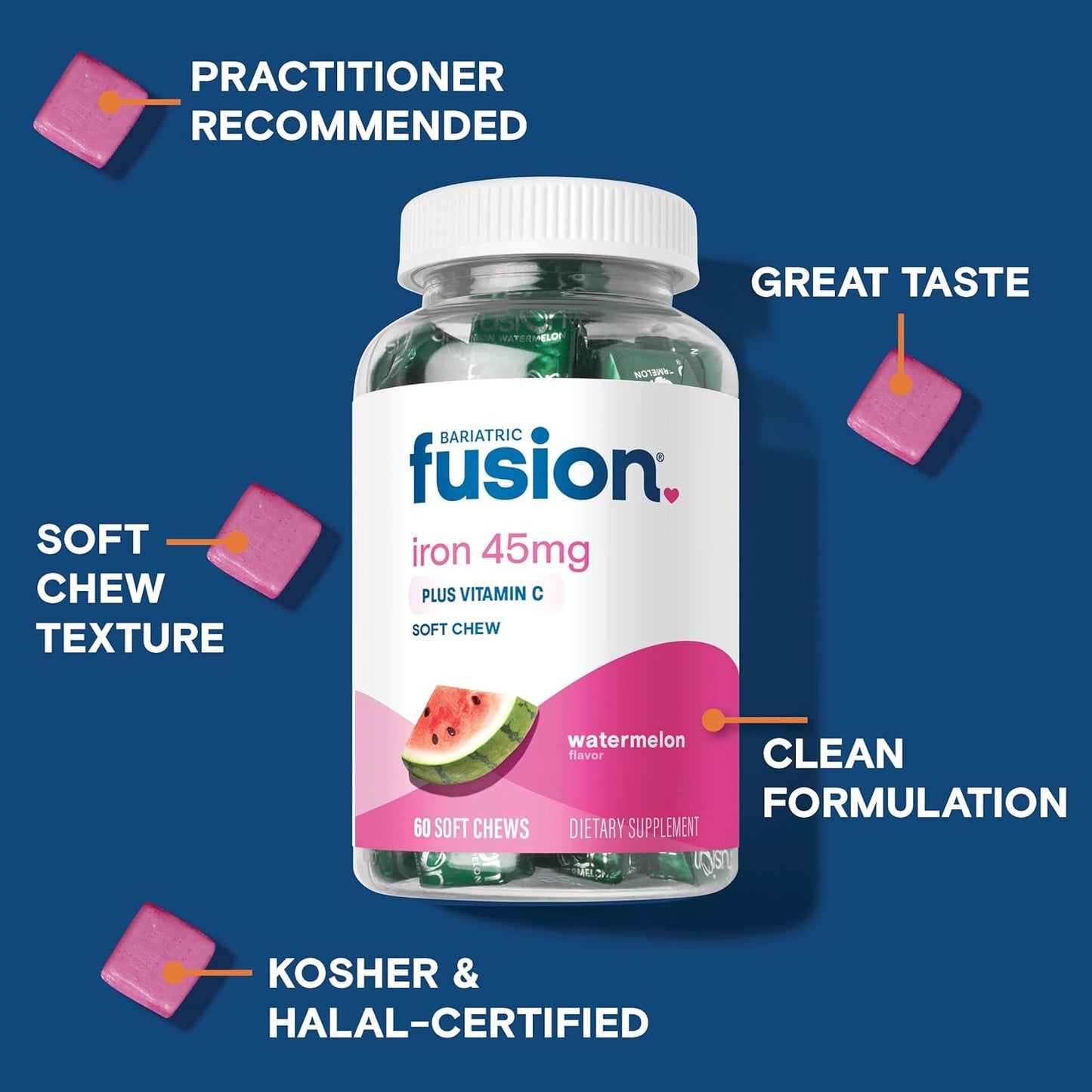 Bariatric Fusion Women's Iron Supplement with Vitamin C - Watermelon Flavored Soft Chews - Gentle on Stomach - 60 Count - 2 Month Supply