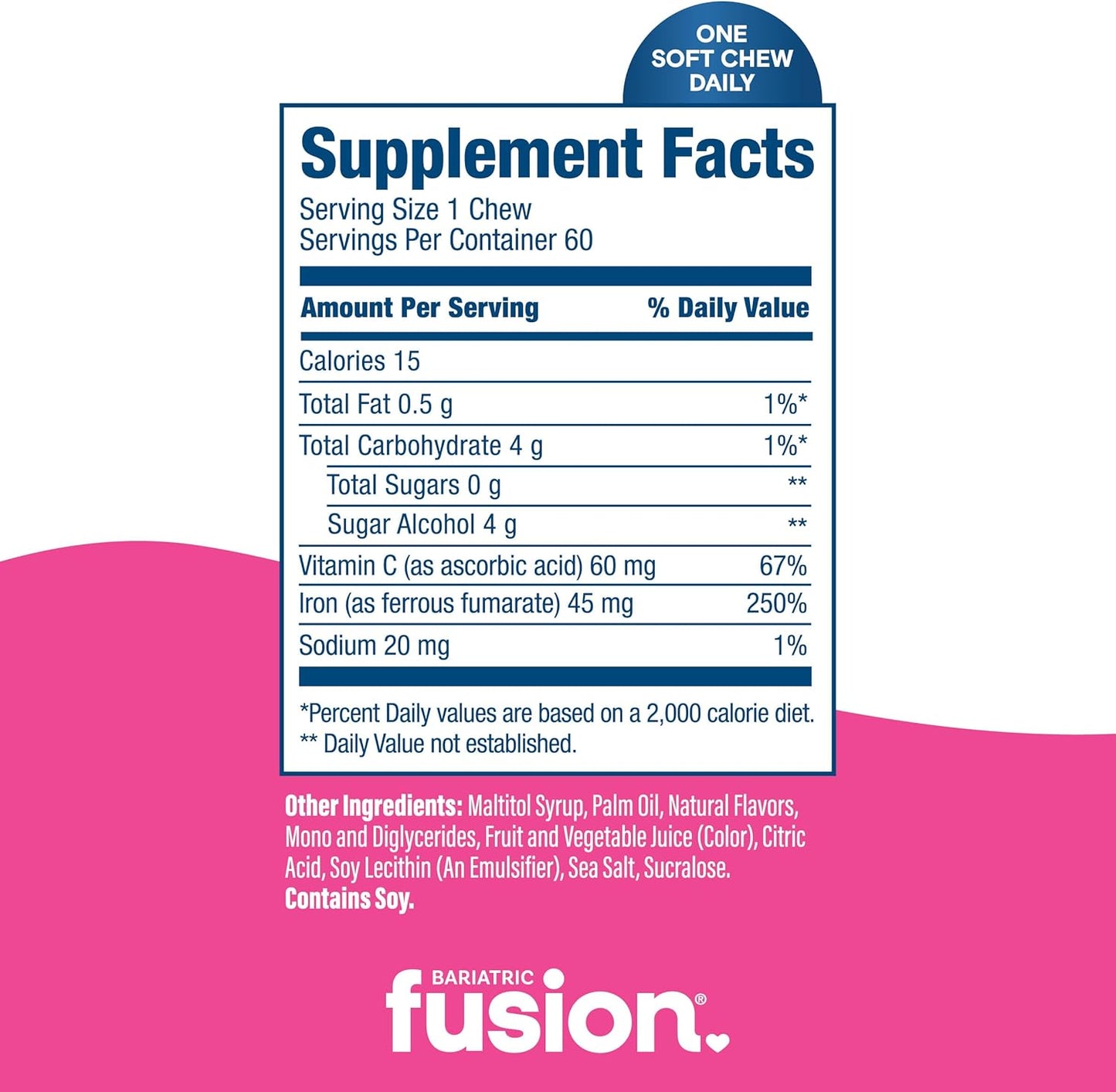 Bariatric Fusion Women's Iron Supplement with Vitamin C - Watermelon Flavored Soft Chews - Gentle on Stomach - 60 Count - 2 Month Supply
