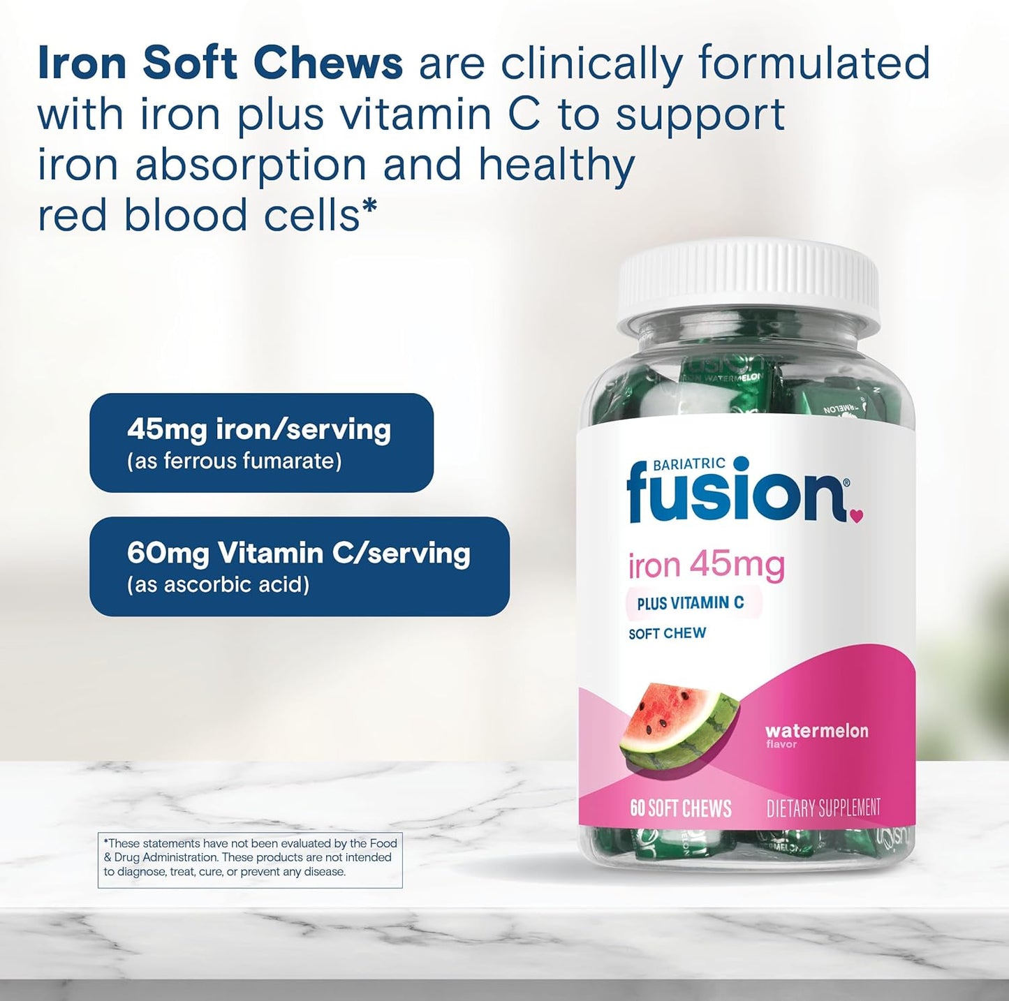 Bariatric Fusion Women's Iron Supplement with Vitamin C - Watermelon Flavored Soft Chews - Gentle on Stomach - 60 Count - 2 Month Supply