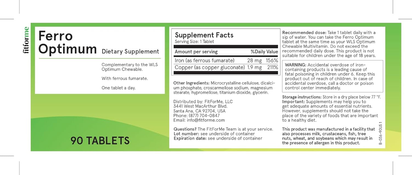 Bariatric Iron Supplement - One Daily Ferro Optimum Tablet - 90 Day Supply - Iron Booster for Gastric Sleeve Recovery