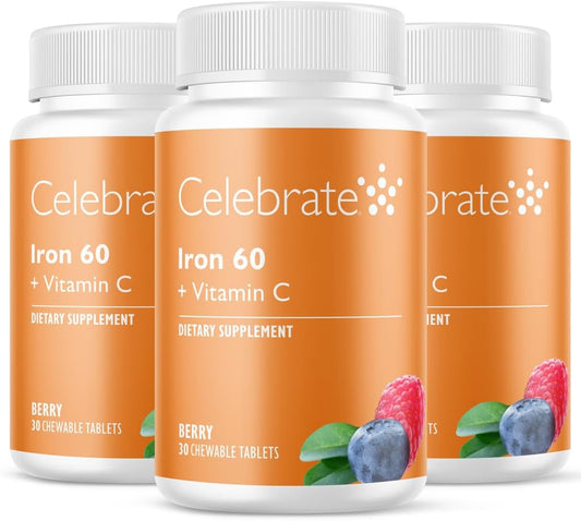 Bariatric Iron Supplement with Vitamin C - 60mg Iron, 60mg Vitamin C, 90 Berry Chewable Tablets for WLS Patients