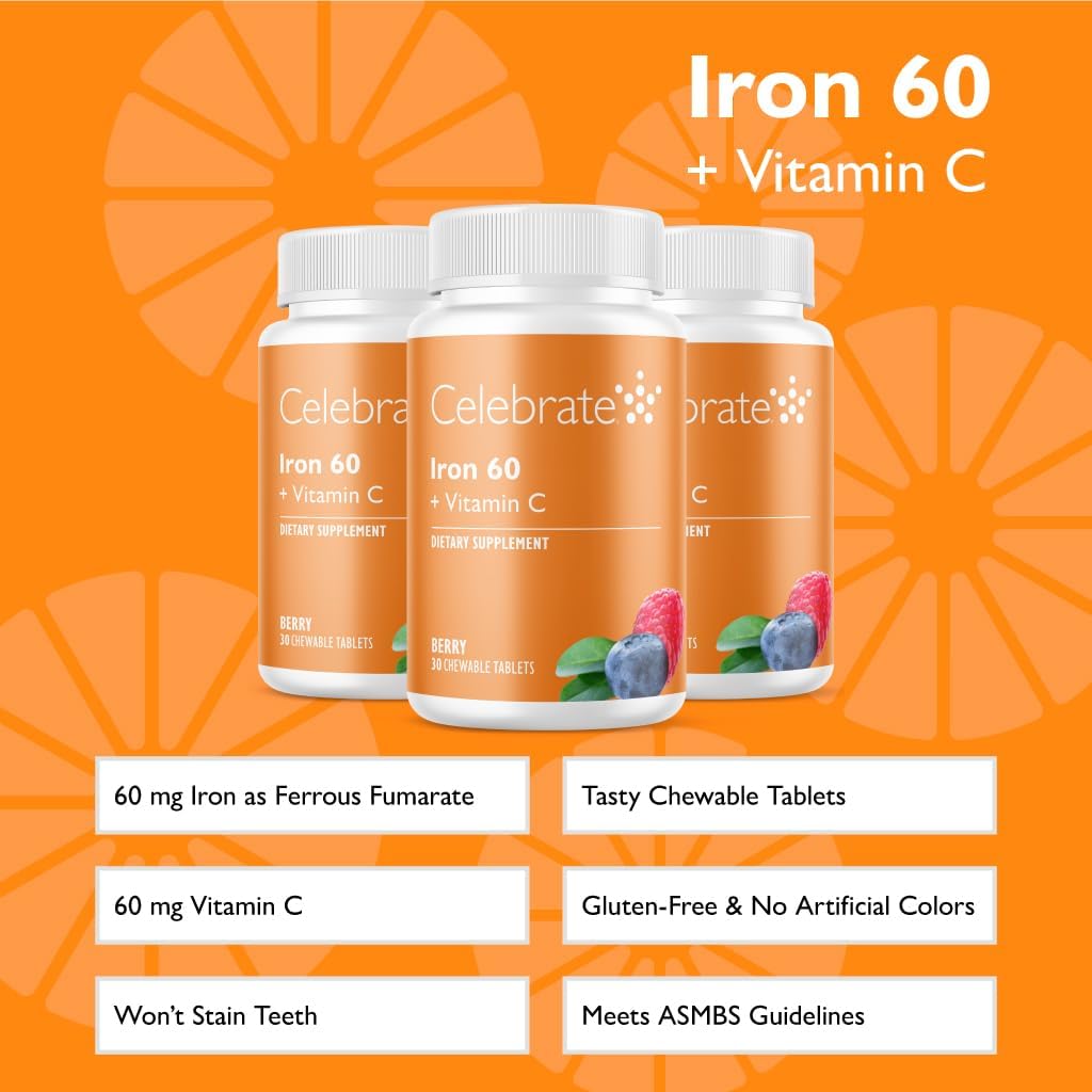 Bariatric Iron Supplement with Vitamin C - 60mg Iron, 60mg Vitamin C, 90 Berry Chewable Tablets for WLS Patients