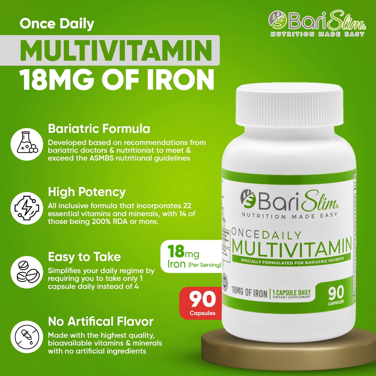 Bariatric Multivitamin Capsule with 18mg Iron - Post Surgery Supplement for Gastric Bypass & Sleeve | 90 Day Supply