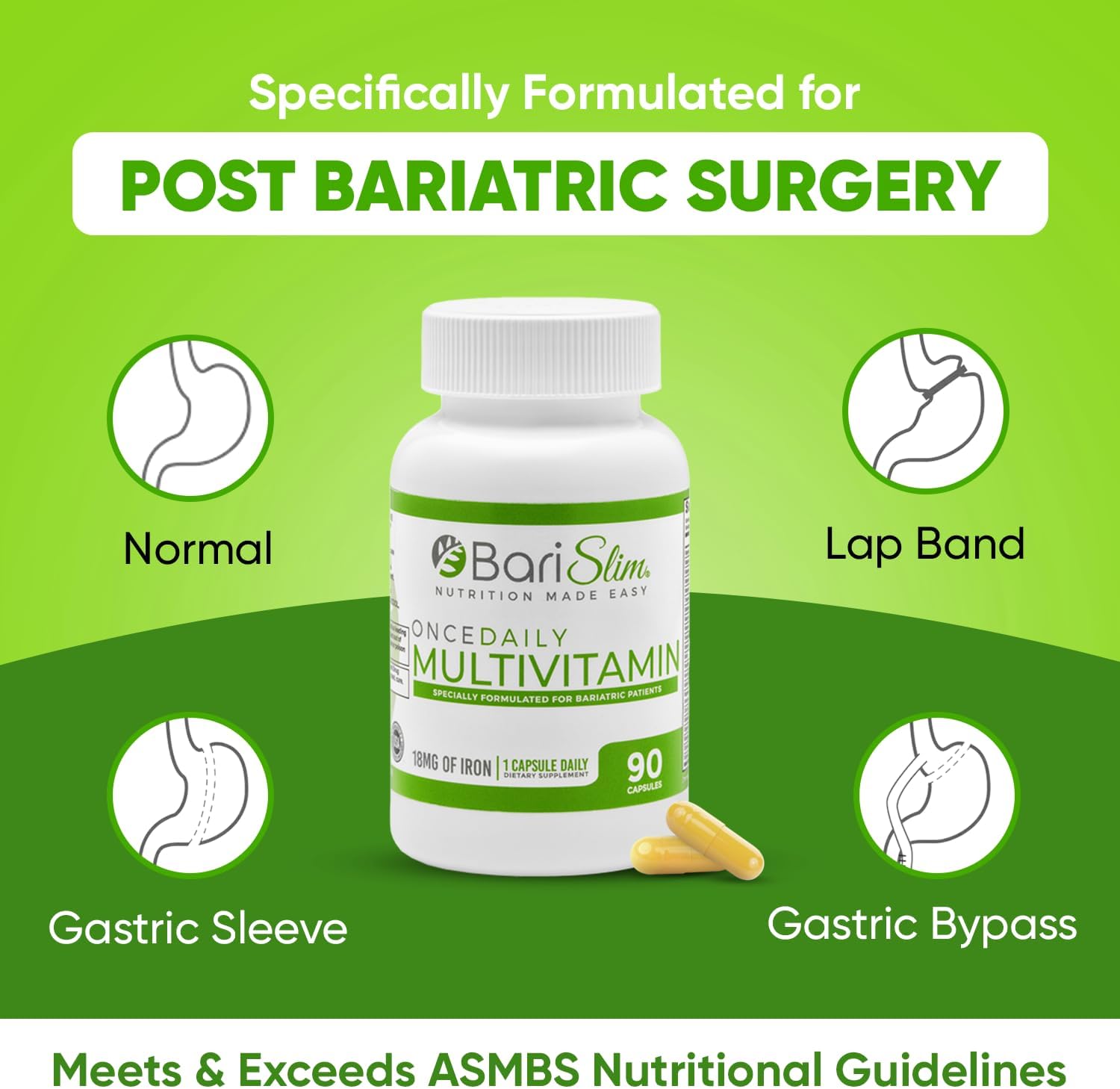 Bariatric Multivitamin Capsule with 18mg Iron - Post Surgery Supplement for Gastric Bypass & Sleeve | 90 Day Supply
