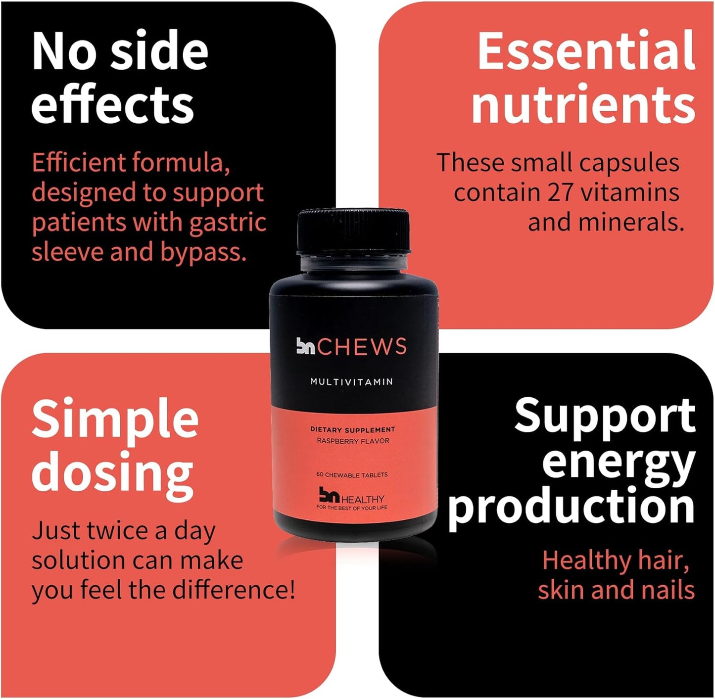 Bariatric Multivitamin Chewable with 26 Essential Nutrients - Raspberry Flavored - 60 Count - Supports Men & Women's Health - 30 Day Supply