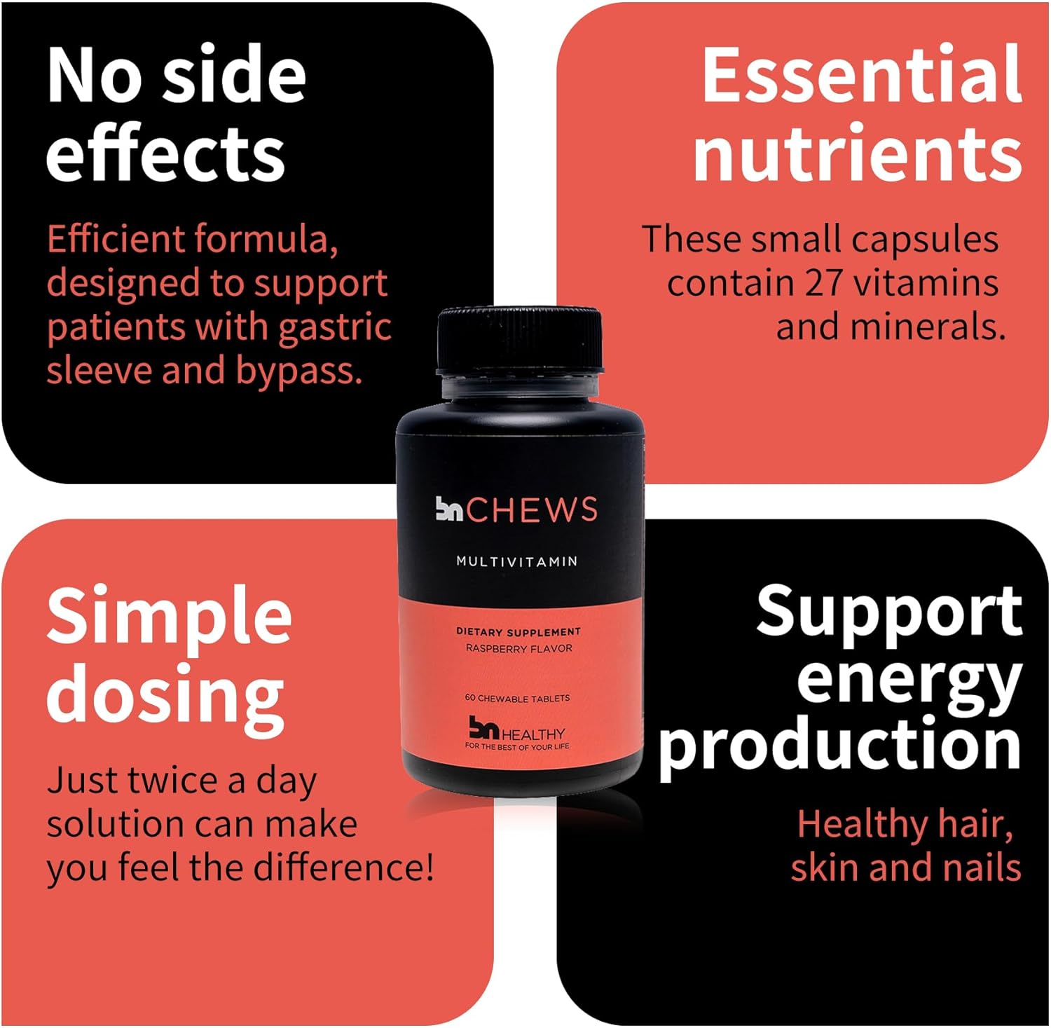 Bariatric Multivitamin Chewable with 26 Essential Nutrients - Raspberry Flavored - 60 Count - Supports Men & Women's Health - 30 Day Supply