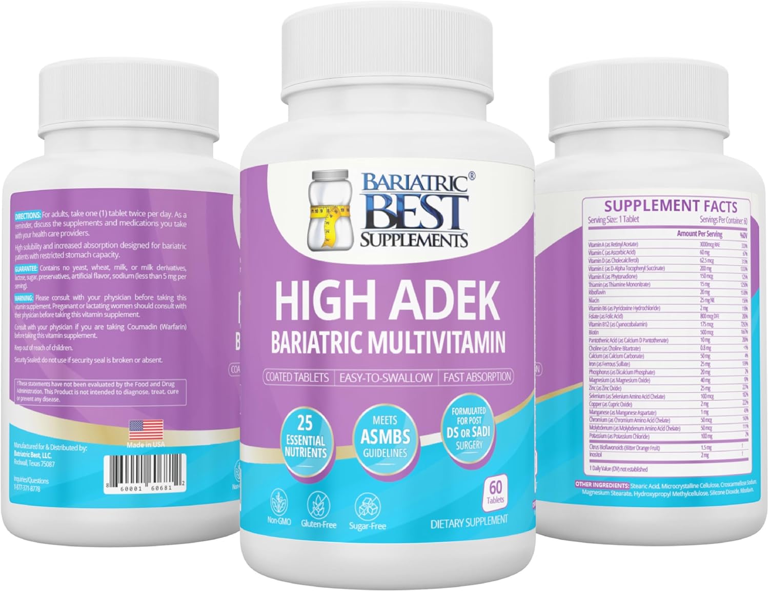 Bariatric Multivitamin with 25 Essential Nutrients for Post-Weight Loss Surgery - 60 Tablets, Meets ASMBS Guidelines
