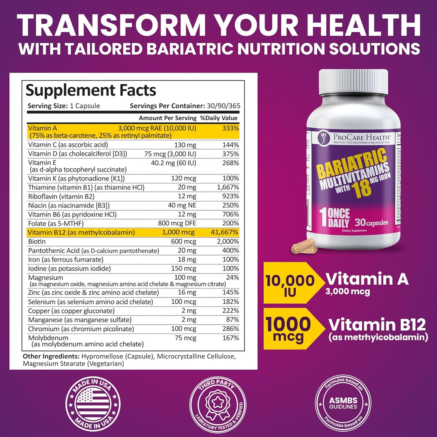 Bariatric Multivitamin with Iron 18mg - Easy to Swallow Capsules for Post-Op Gastric Bypass Patients - Sleeve Patients Must-Have (30ct)