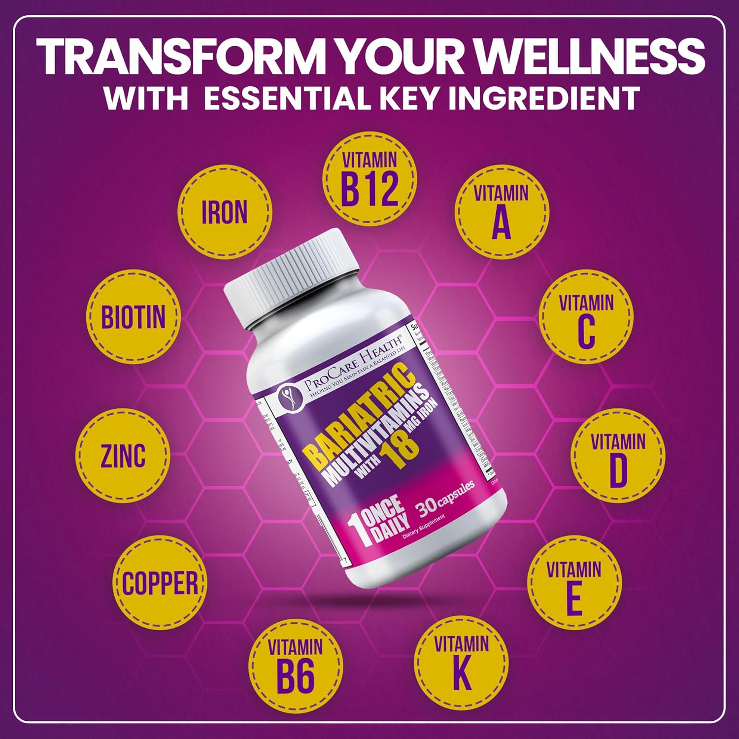 Bariatric Multivitamin with Iron 18mg - Easy to Swallow Capsules for Post-Op Gastric Bypass Patients - Sleeve Patients Must-Have (30ct)