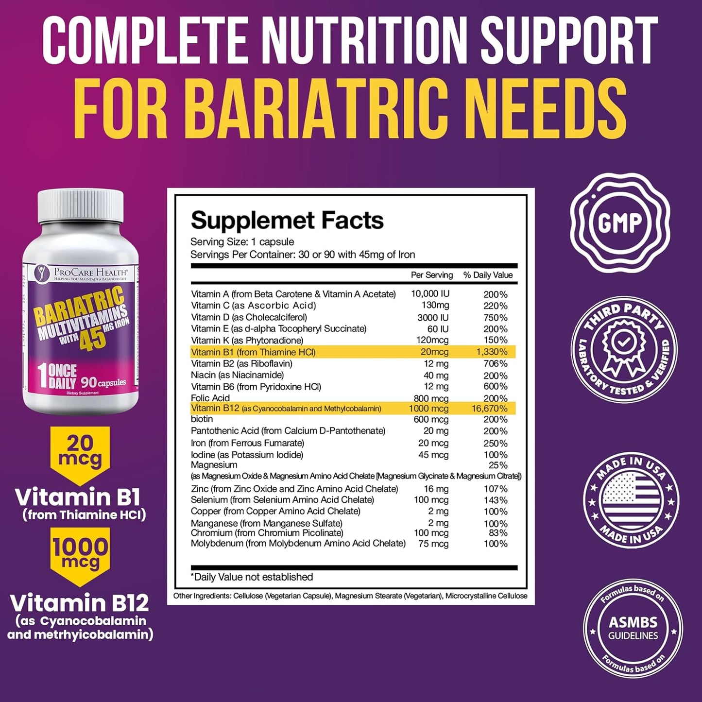 Bariatric Multivitamin with Iron 45mg - 90 Easy to Swallow Capsules - Post Op Vitamins for Gastric Bypass & Sleeve Patients - Sustain Recovery & Energy - 3 Month Supply