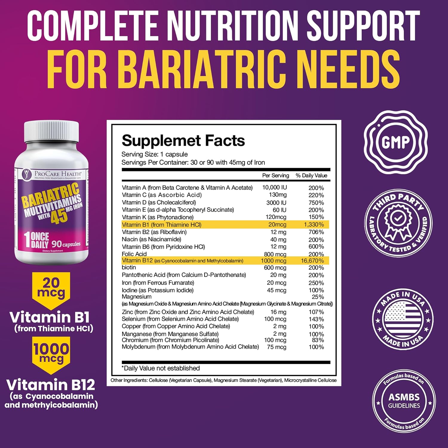 Bariatric Multivitamin with Iron 45mg - 90 Easy to Swallow Capsules - Post Op Vitamins for Gastric Bypass & Sleeve Patients - Sustain Recovery & Energy - 3 Month Supply