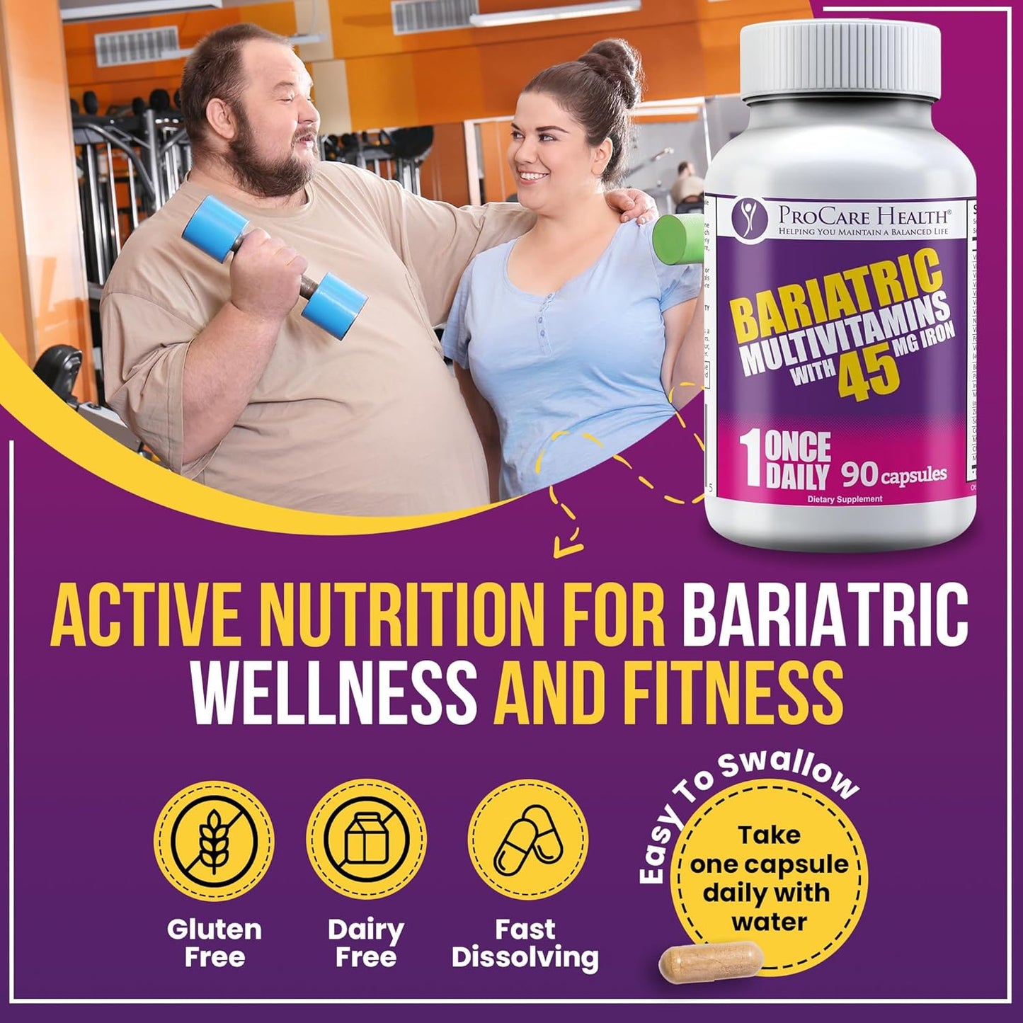 Bariatric Multivitamin with Iron 45mg - 90 Easy to Swallow Capsules - Post Op Vitamins for Gastric Bypass & Sleeve Patients - Sustain Recovery & Energy - 3 Month Supply