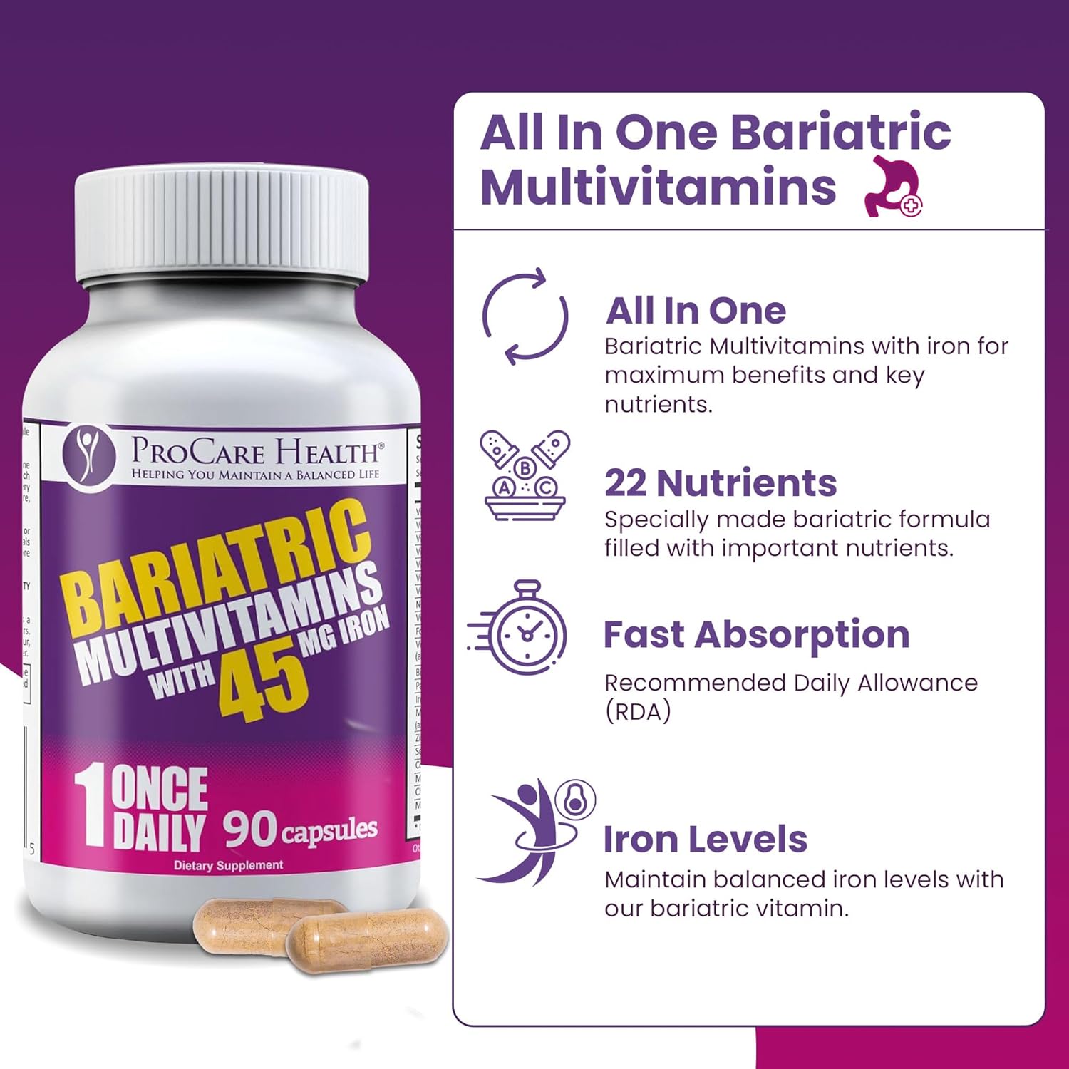 Bariatric Multivitamin with Iron 45mg - 90 Easy to Swallow Capsules - Post Op Vitamins for Gastric Bypass & Sleeve Patients - Sustain Recovery & Energy - 3 Month Supply