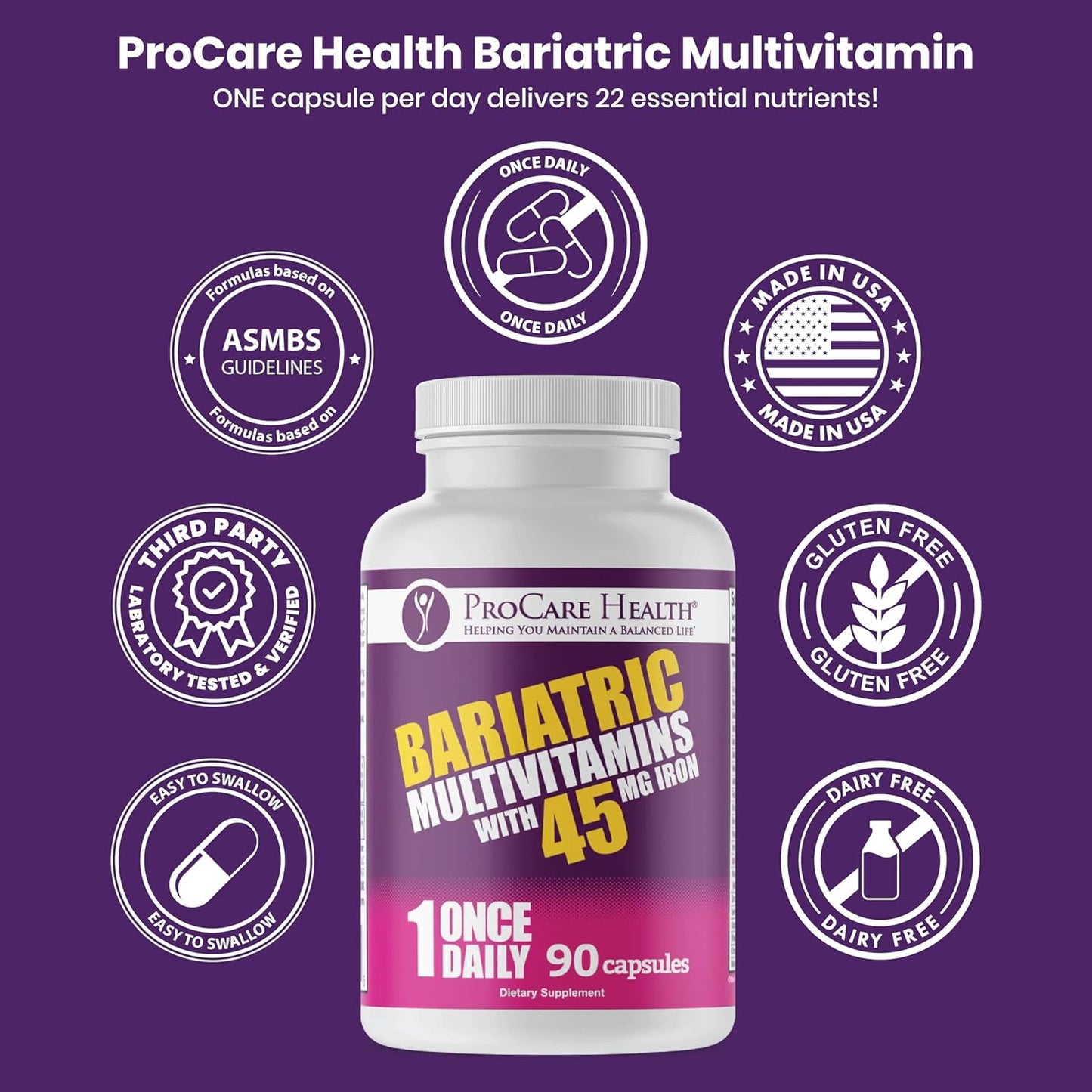 Bariatric Multivitamin with Iron 45mg - 90 Easy to Swallow Capsules - Post Op Vitamins for Gastric Bypass & Sleeve Patients - Sustain Recovery & Energy - 3 Month Supply