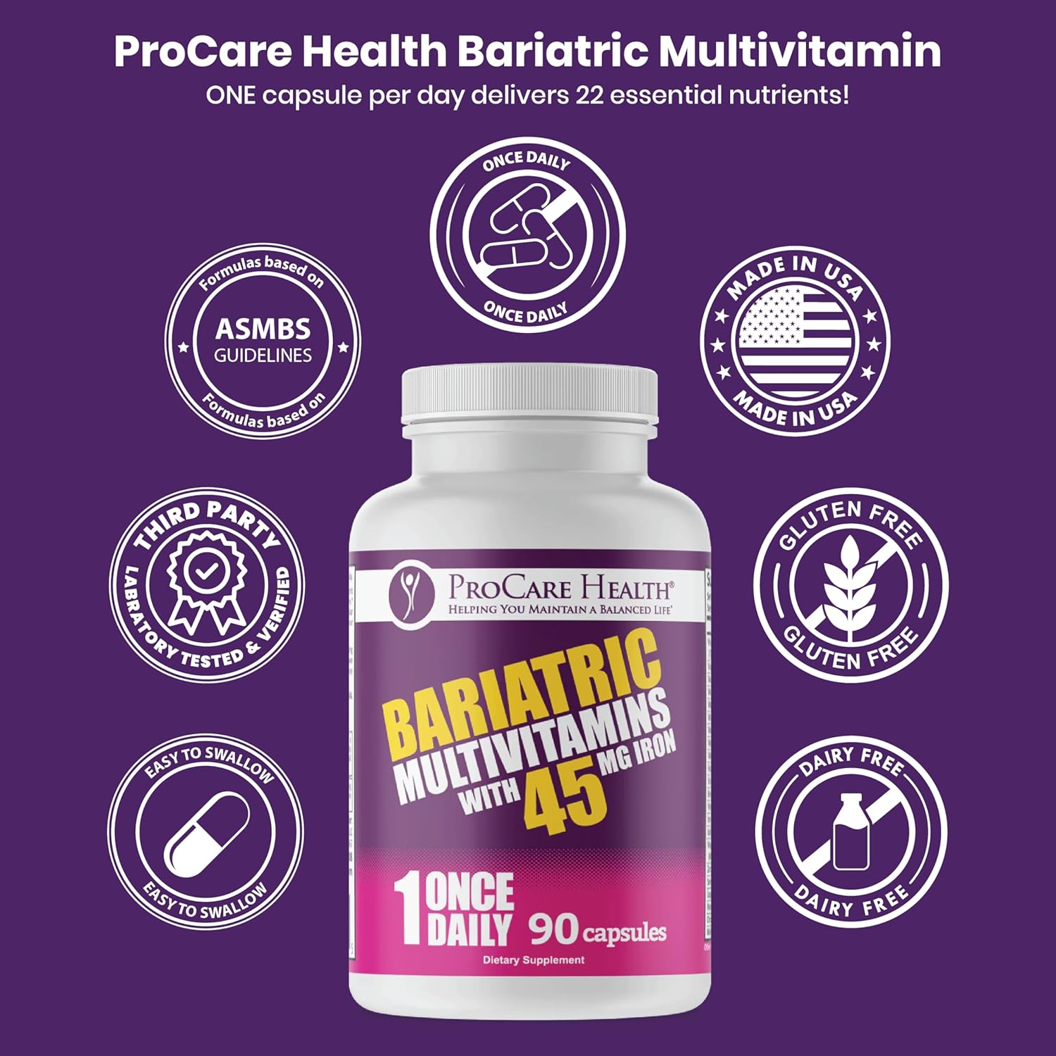 Bariatric Multivitamin with Iron 45mg - 90 Easy to Swallow Capsules - Post Op Vitamins for Gastric Bypass & Sleeve Patients - Sustain Recovery & Energy - 3 Month Supply