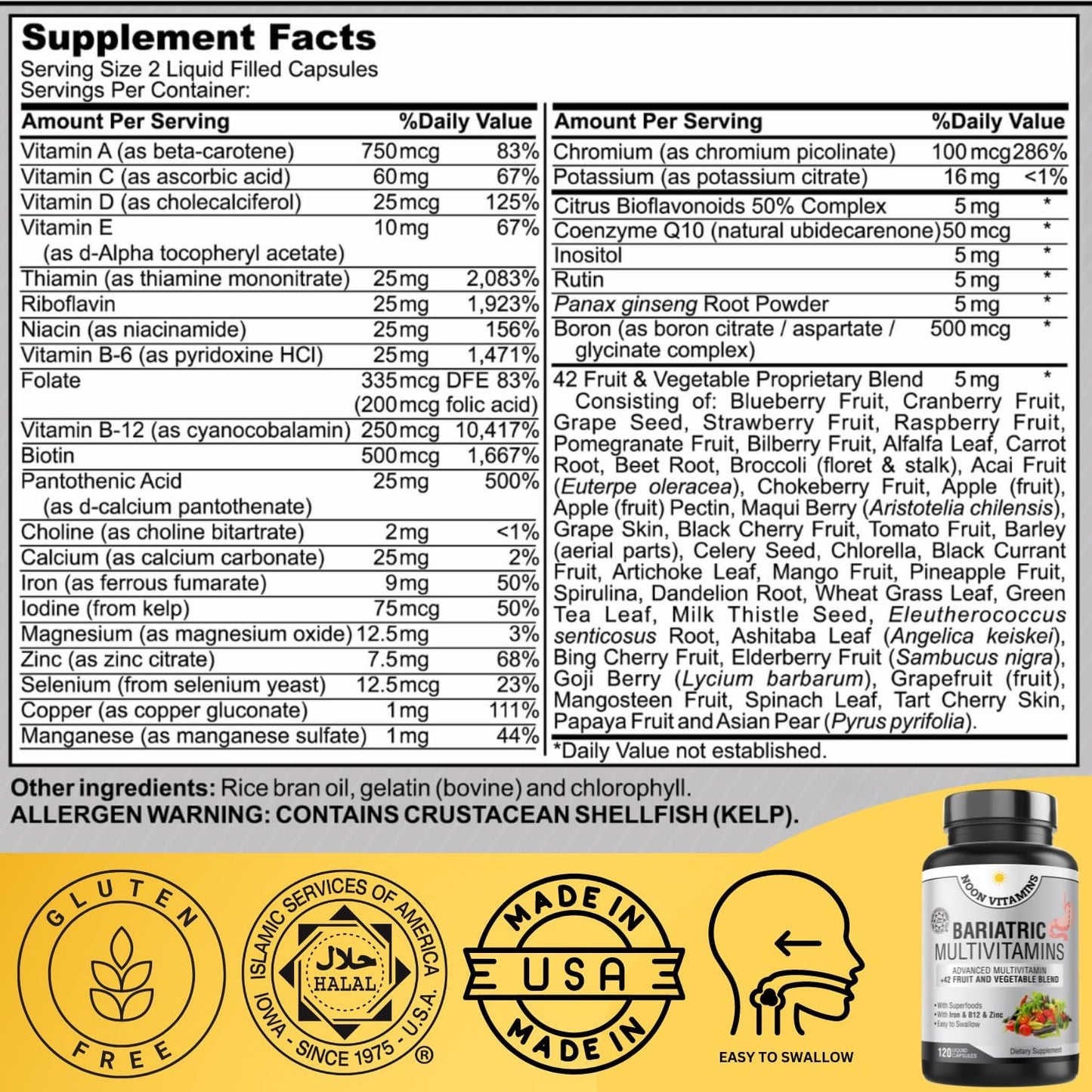 Bariatric Multivitamin with Iron for Men & Women - 42 Superfood Blend - Post-Surgery Support - Halal - Made in USA - 2-Month Supply (120 Capsules)
