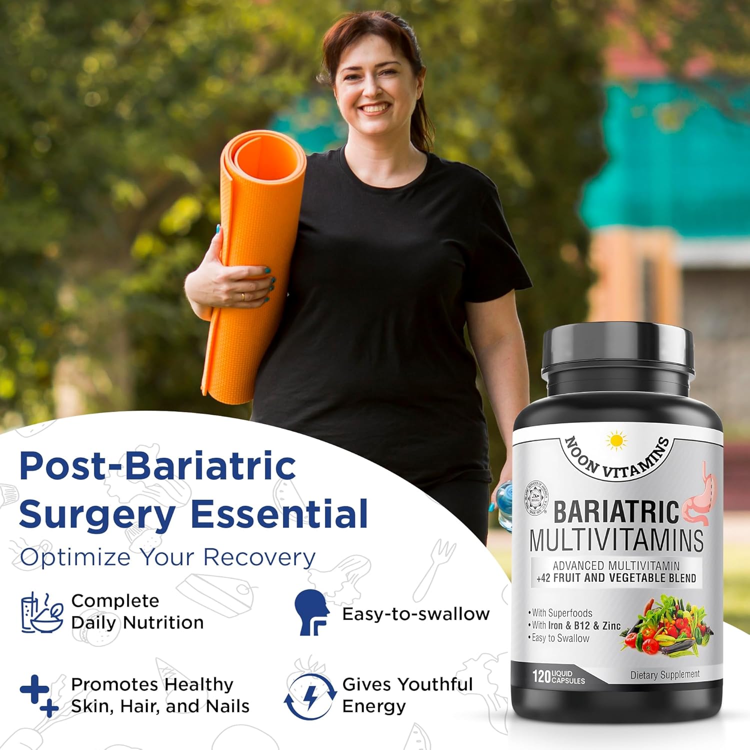 Bariatric Multivitamin with Iron for Men & Women - 42 Superfood Blend - Post-Surgery Support - Halal - Made in USA - 2-Month Supply (120 Capsules)