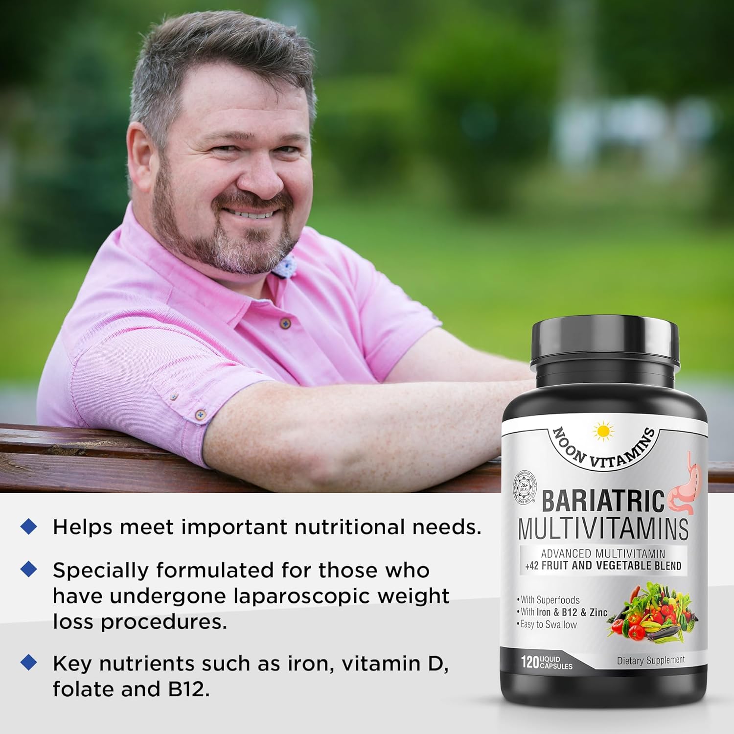 Bariatric Multivitamin with Iron for Men & Women - 42 Superfood Blend - Post-Surgery Support - Halal - Made in USA - 2-Month Supply (120 Capsules)