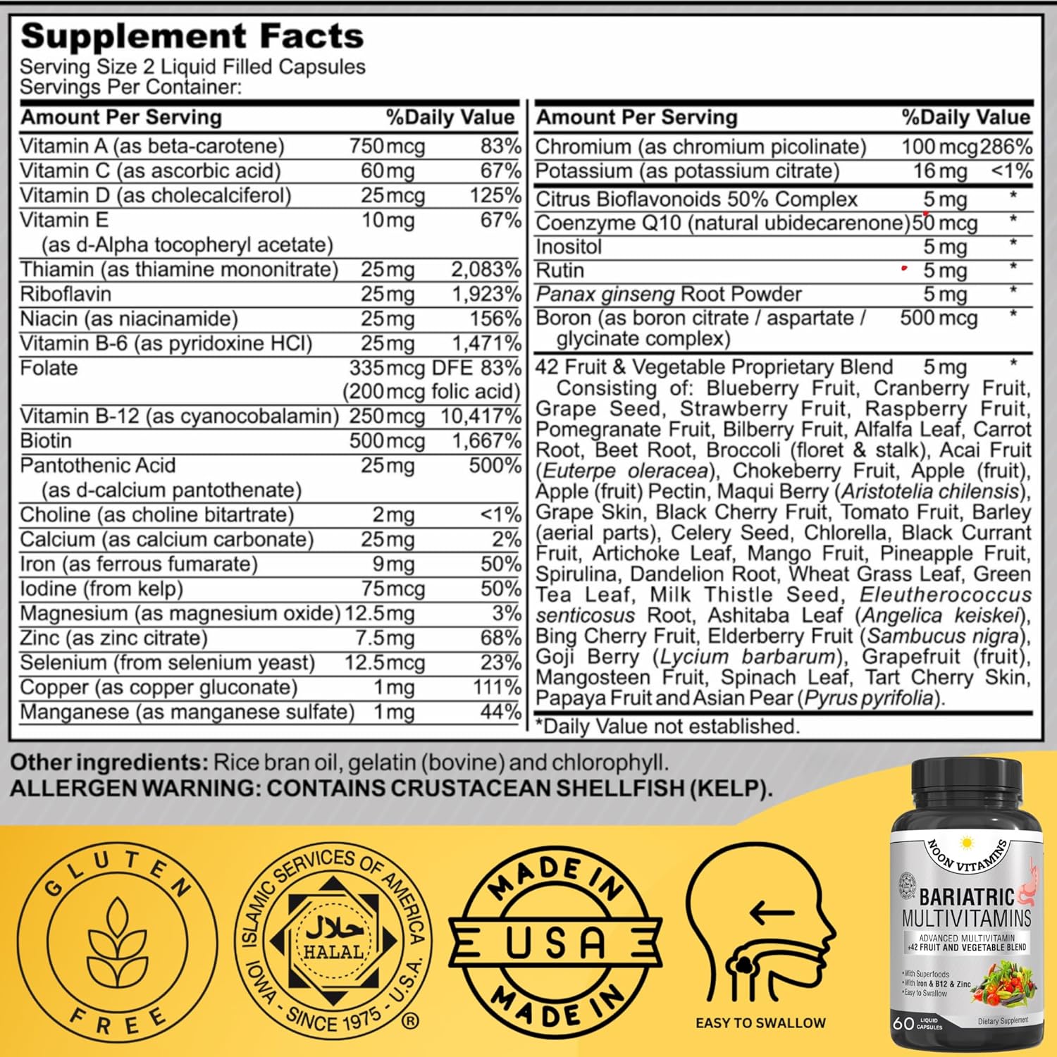 Bariatric Multivitamin with Iron for Women & Men - 42 Superfood Blend for Energy & Immune Support - Post-Surgery Recovery - Easy-to-Swallow - Halal - Made in USA - 60 Capsules