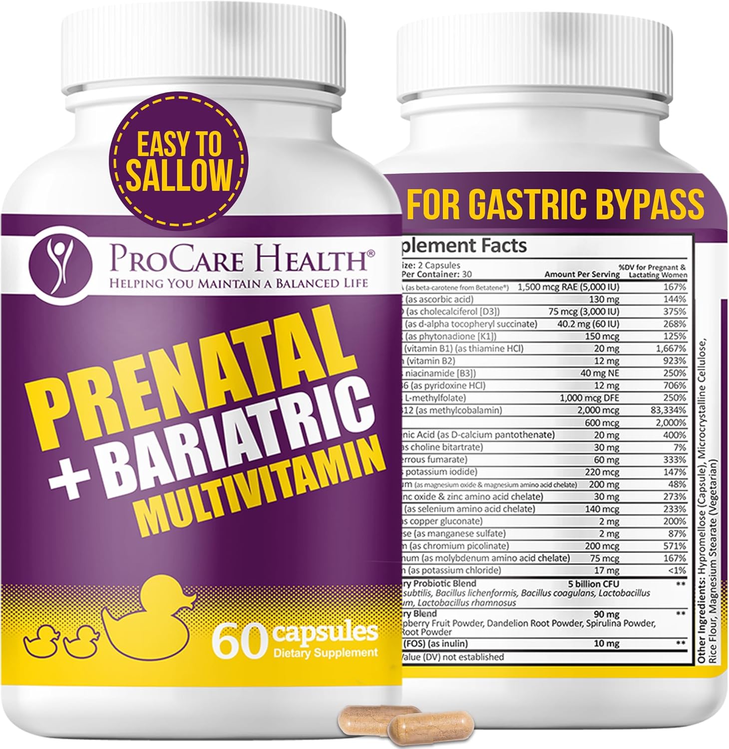 Bariatric Prenatal Multivitamin with Iron - Easy to Swallow Capsules for Women Post Weight Loss Surgery - 1 Month Supply