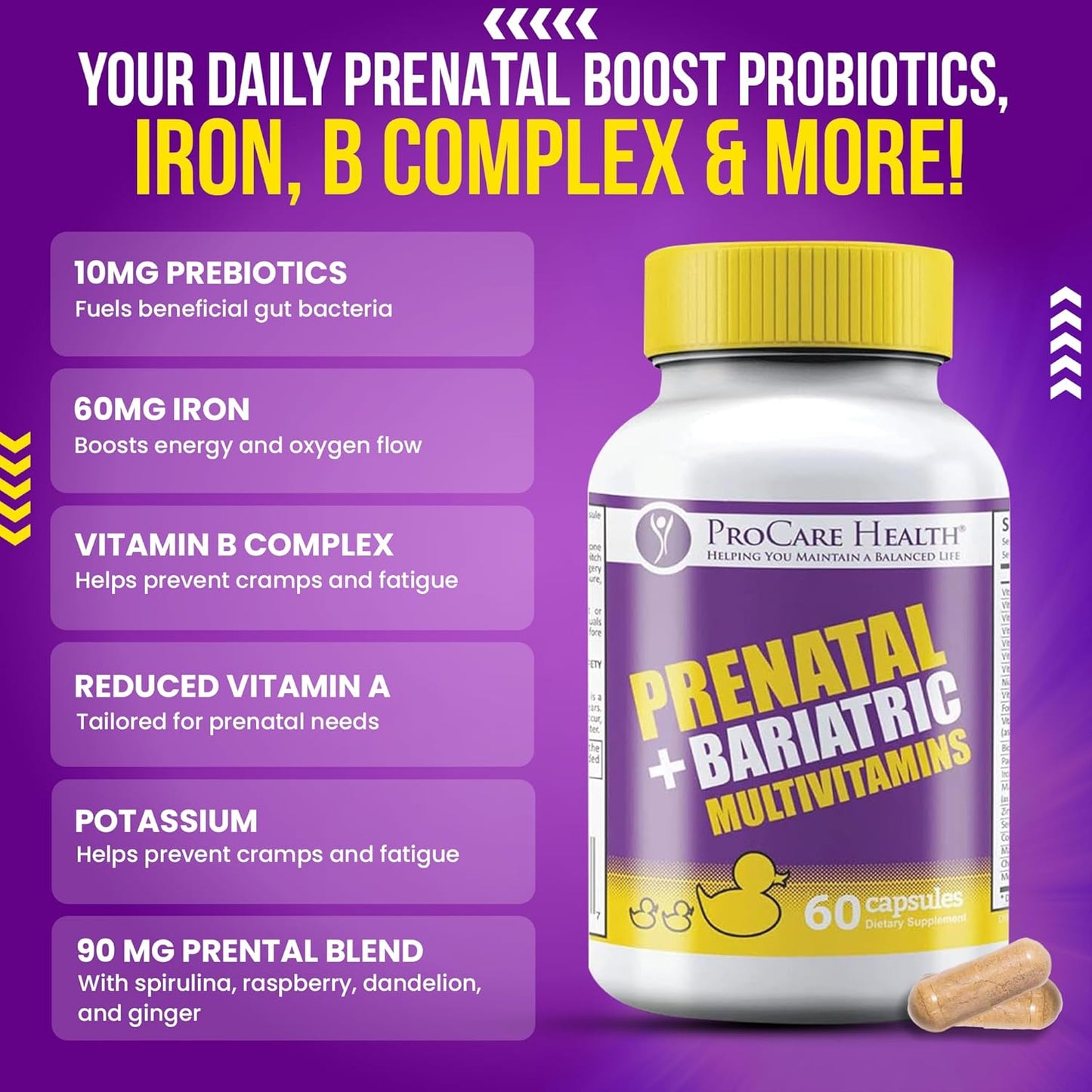 Bariatric Prenatal Multivitamin with Iron - Easy to Swallow Capsules for Women Post Weight Loss Surgery - 1 Month Supply