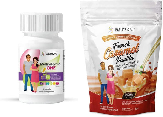 BariatricPal Duodenal Switch 30-Day Vitamin Pack: Iron-Free Capsule Calcium Citrate Soft Chews with Probiotics - French Caramel Vanilla
