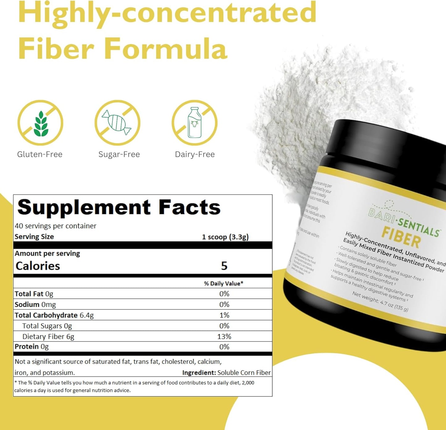 Barisentials Soluble Fiber Powder - Digestive Health Supplement - Bariatric Gut Support - Gluten & Sugar Free - Unflavored - 135g, 40 Servings