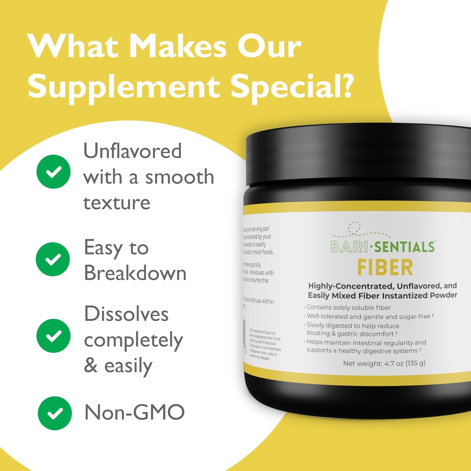 Barisentials Soluble Fiber Powder - Digestive Health Supplement - Bariatric Gut Support - Gluten & Sugar Free - Unflavored - 135g, 40 Servings