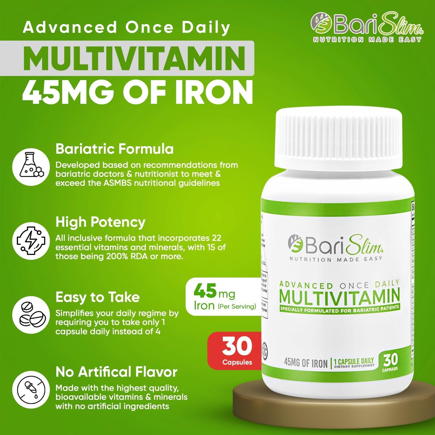 BariSlim Advanced Bariatric Multivitamin Capsule - 45mg Iron - Post-Surgery Vitamin for Gastric Bypass & Sleeve | 30-Day Supply