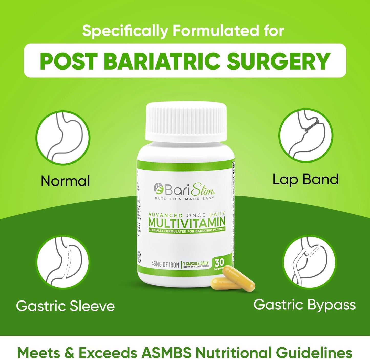 BariSlim Advanced Bariatric Multivitamin Capsule - 45mg Iron - Post-Surgery Vitamin for Gastric Bypass & Sleeve | 30-Day Supply