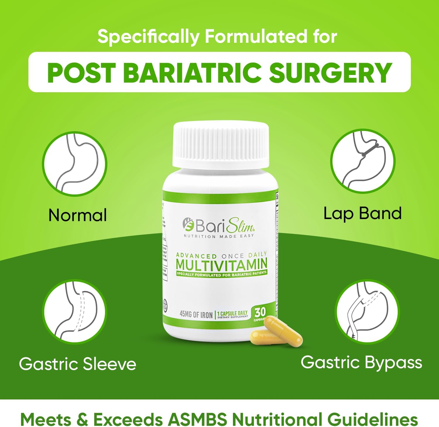 BariSlim Advanced Bariatric Multivitamin Capsule - 45mg Iron - Post-Surgery Vitamin for Gastric Bypass & Sleeve | 30-Day Supply