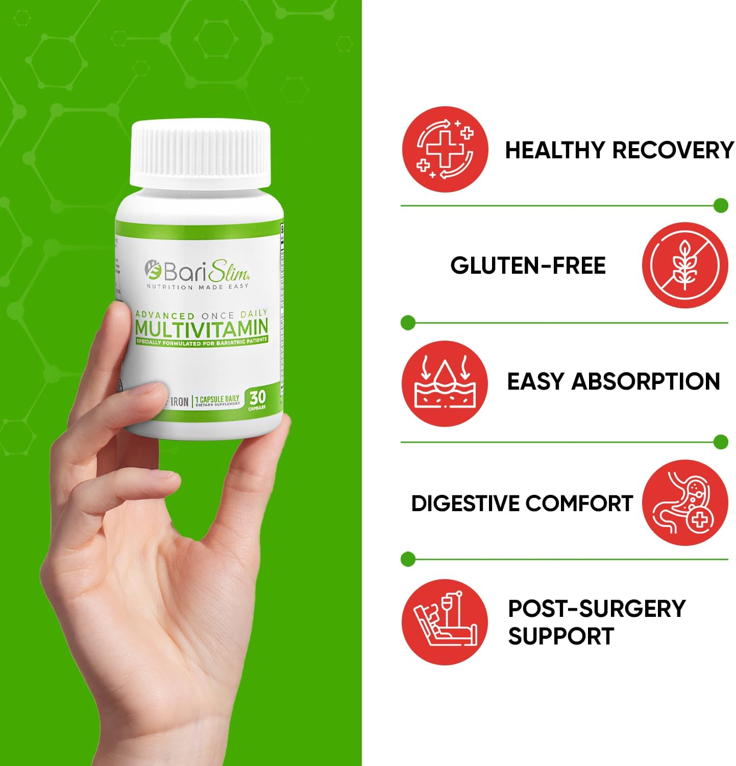 BariSlim Advanced Bariatric Multivitamin Capsule - 45mg Iron - Post-Surgery Vitamin for Gastric Bypass & Sleeve | 30-Day Supply
