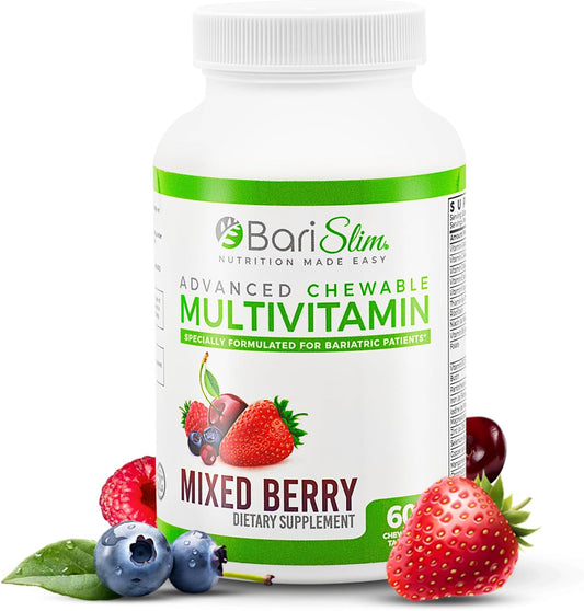 BariSlim Advanced Chewable Bariatric Multivitamin Tablets - Mixed Berry Flavor - 60 Count - Post Bariatric Surgery Vitamin & Supplement for Gastric Bypass & Sleeve