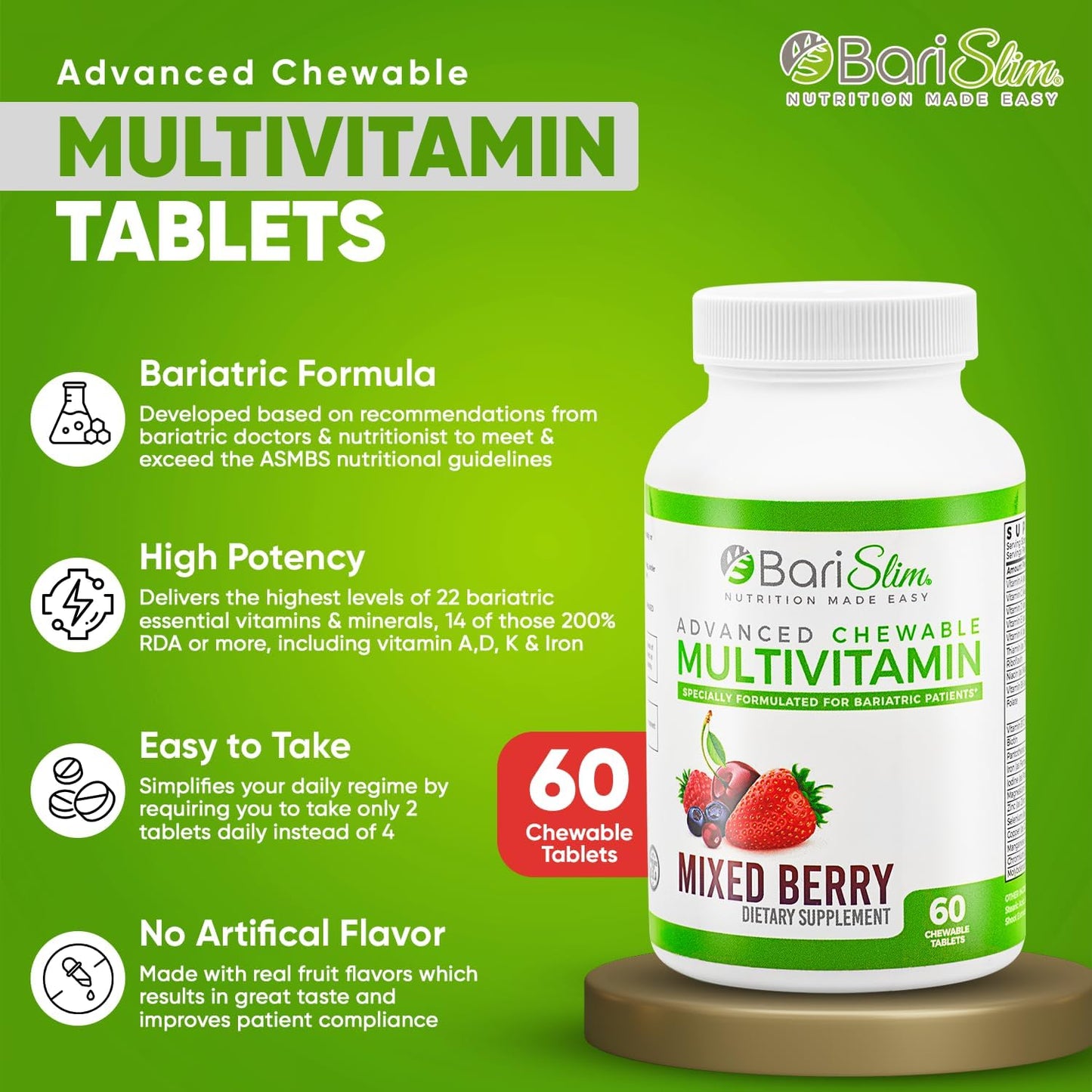 BariSlim Advanced Chewable Bariatric Multivitamin Tablets - Mixed Berry Flavor - 60 Count - Post Bariatric Surgery Vitamin & Supplement for Gastric Bypass & Sleeve