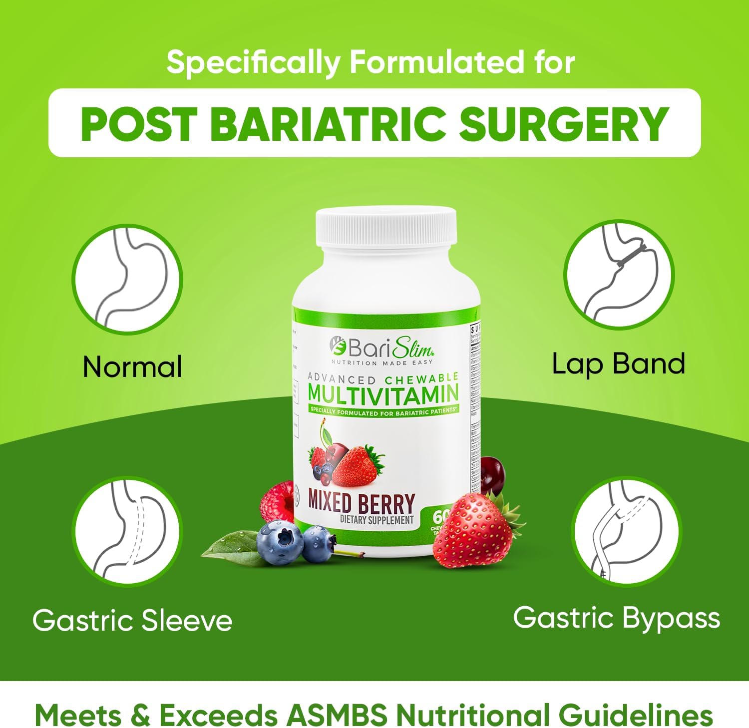 BariSlim Advanced Chewable Bariatric Multivitamin Tablets - Mixed Berry Flavor - 60 Count - Post Bariatric Surgery Vitamin & Supplement for Gastric Bypass & Sleeve