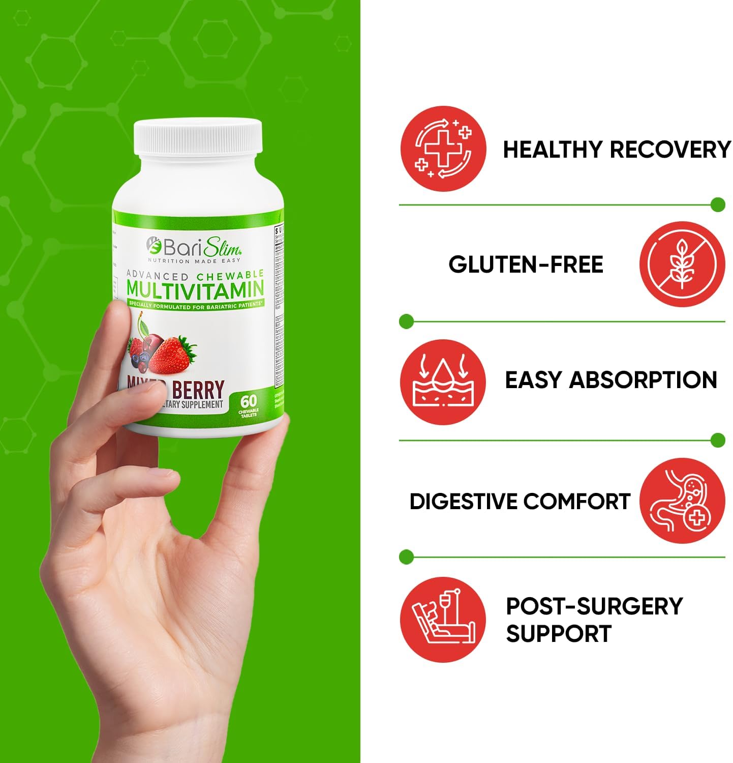 BariSlim Advanced Chewable Bariatric Multivitamin Tablets - Mixed Berry Flavor - 60 Count - Post Bariatric Surgery Vitamin & Supplement for Gastric Bypass & Sleeve