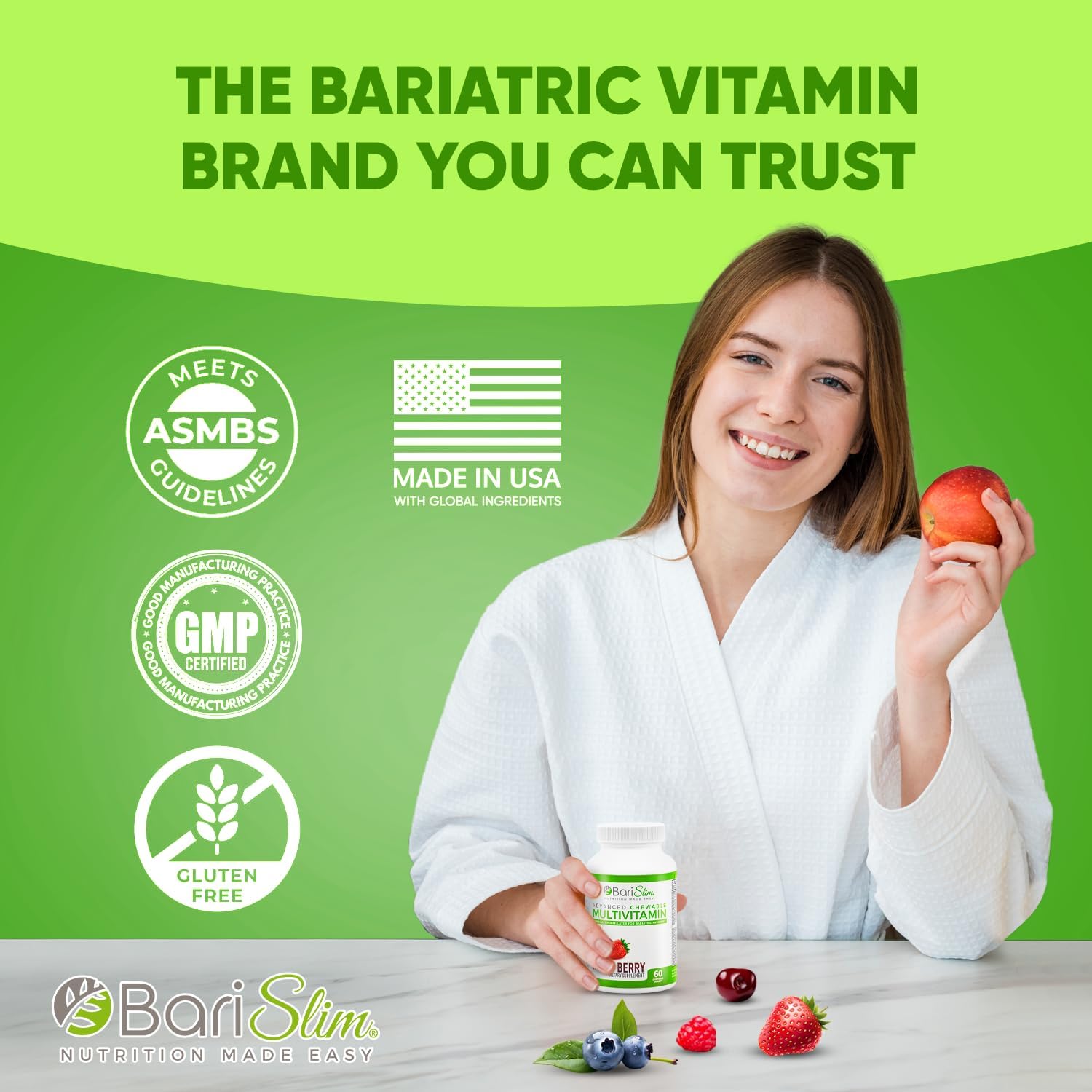 BariSlim Advanced Chewable Bariatric Multivitamin Tablets - Mixed Berry Flavor - 60 Count - Post Bariatric Surgery Vitamin & Supplement for Gastric Bypass & Sleeve
