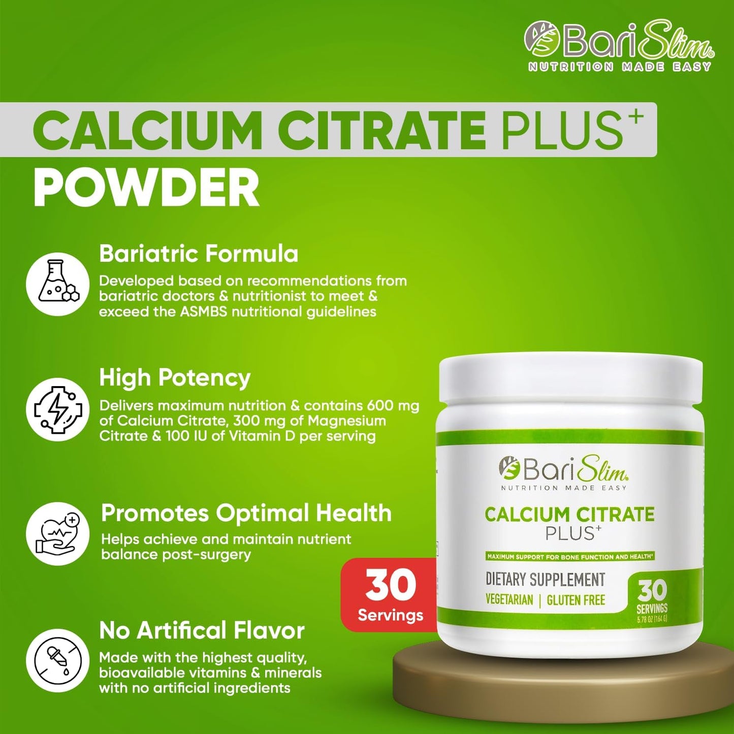BariSlim Bariatric Calcium Citrate Plus Powder - Supports Bone Health After Weight Loss Surgery - Easy to Digest and Absorb | 600 mg (30 Servings)