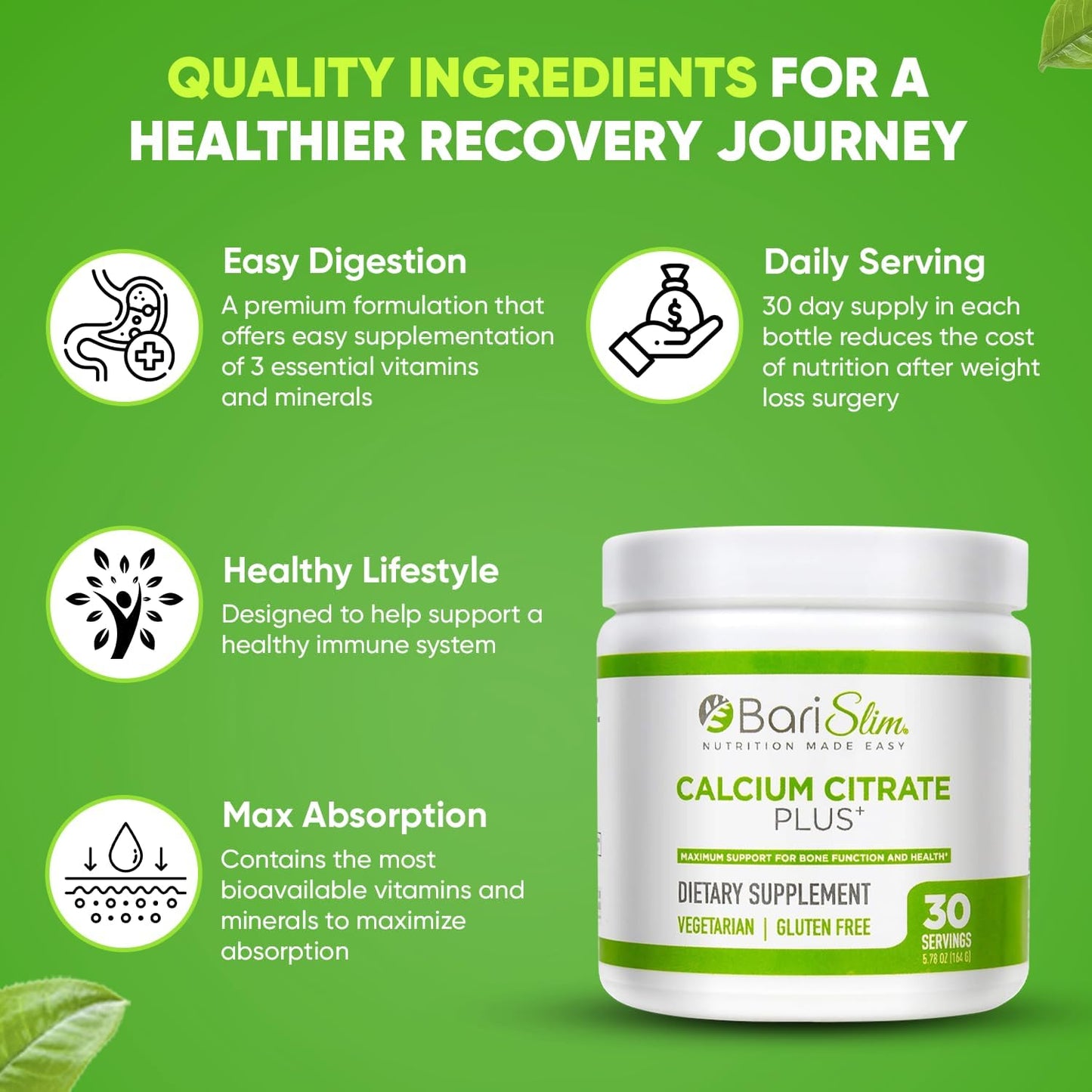 BariSlim Bariatric Calcium Citrate Plus Powder - Supports Bone Health After Weight Loss Surgery - Easy to Digest and Absorb | 600 mg (30 Servings)