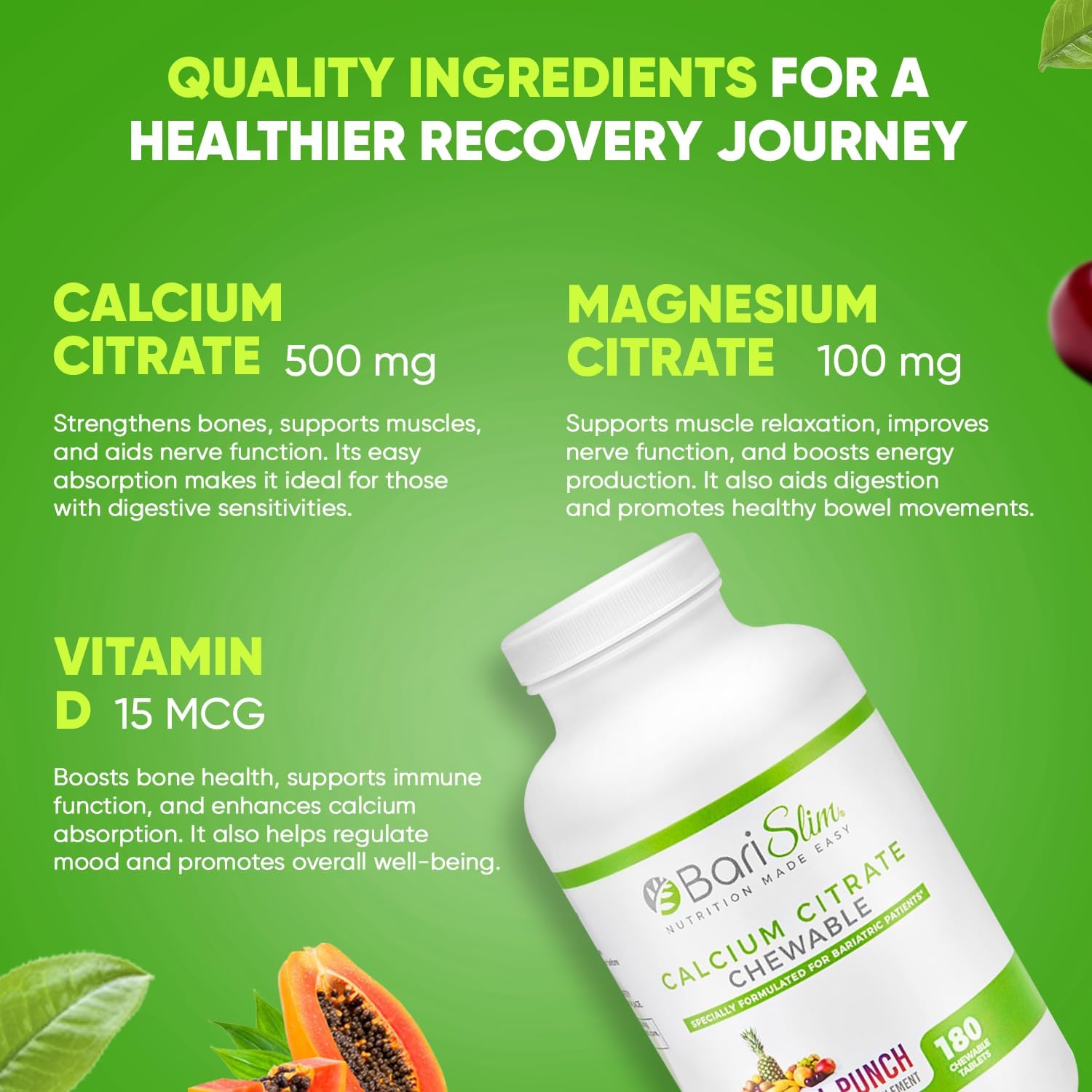 BariSlim Bariatric Calcium Citrate with Magnesium and Vitamin D Tablets - 500 mg Calcium Citrate - Ideal for Weight Loss Surgery Patients - Tropical Punch Flavor (90 Servings)
